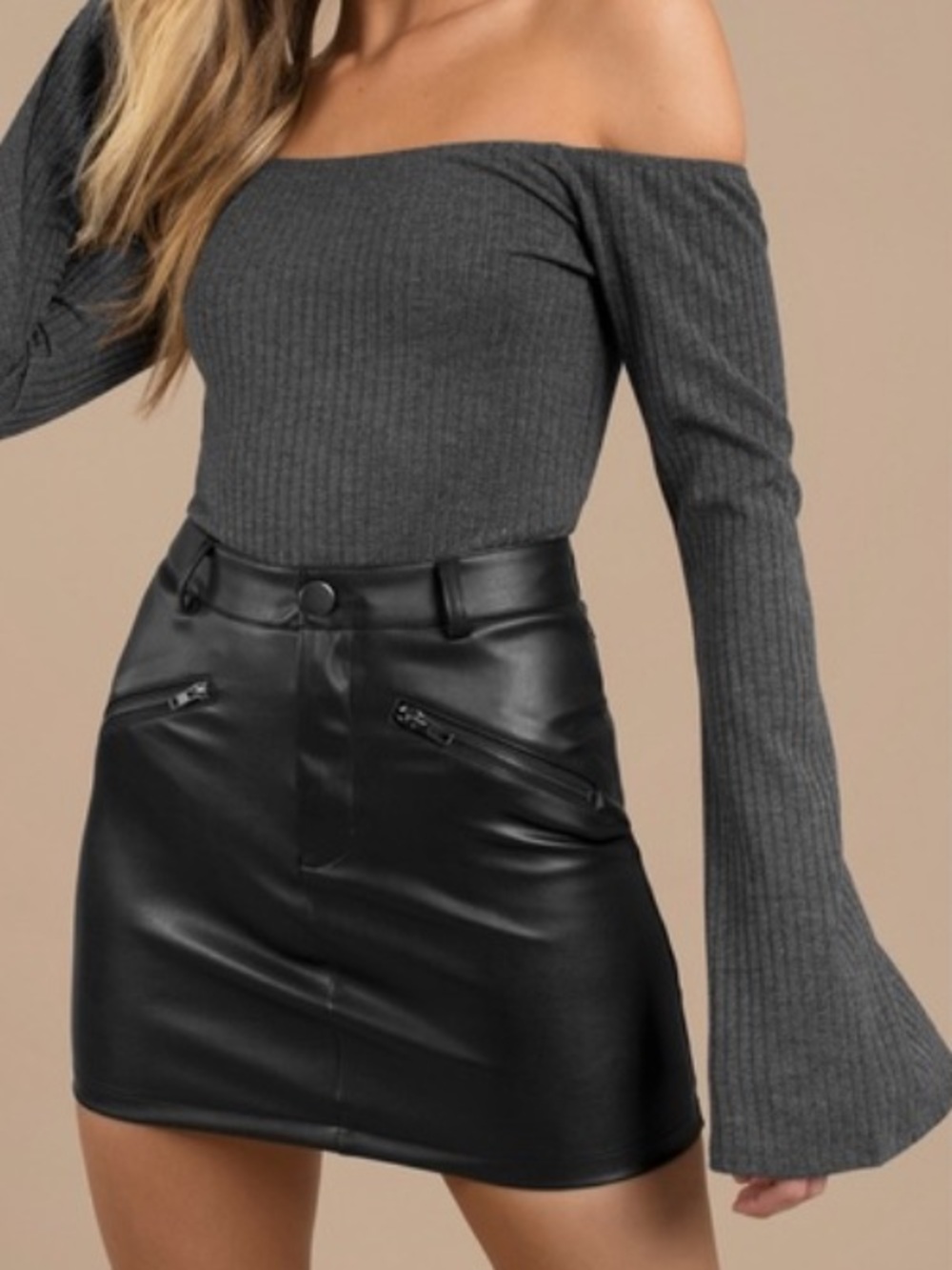 Tobi Estelle Ribbed Off-Shoulder bell sleeve Bodysuit in Charcoal Gray M